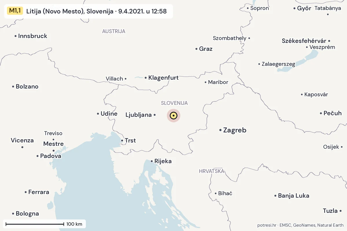 Karta: šire područje, 600 km, potres M1,1, Litija (Novo Mesto), Slovenija, 9.4.2021.