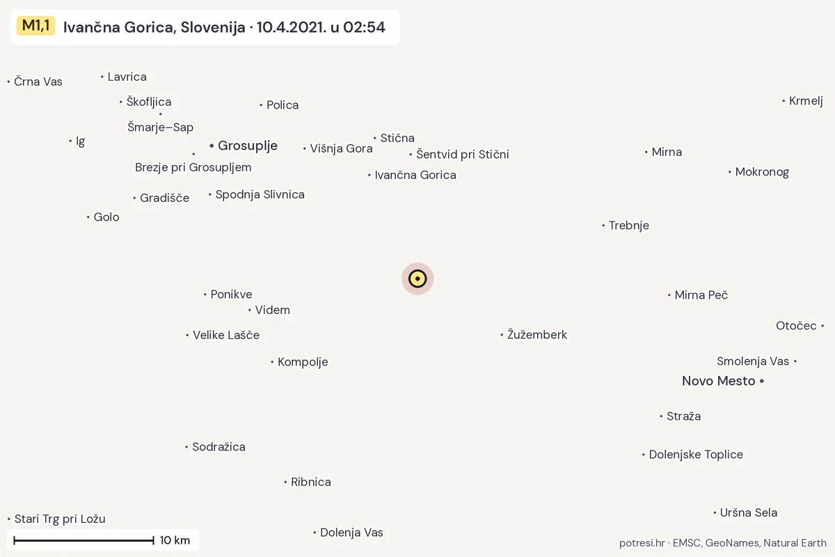 Karta: okolica epicentra, 60 km, potres M1,1, Ivančna Gorica, Slovenija, 10.4.2021.