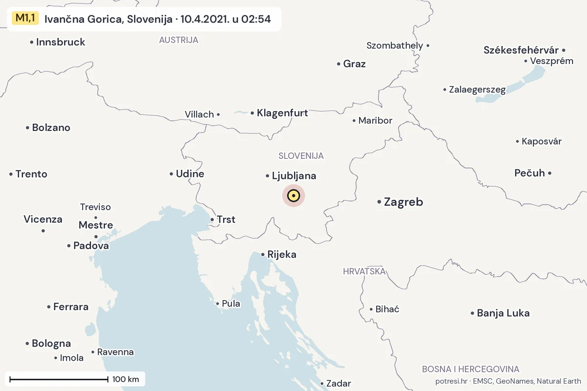 Karta: šire područje, 600 km, potres M1,1, Ivančna Gorica, Slovenija, 10.4.2021.