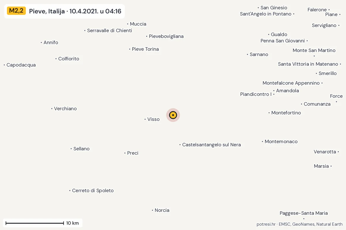 Karta: okolica epicentra, 60 km, potres M2,2, Pieve, Italija, 10.4.2021.
