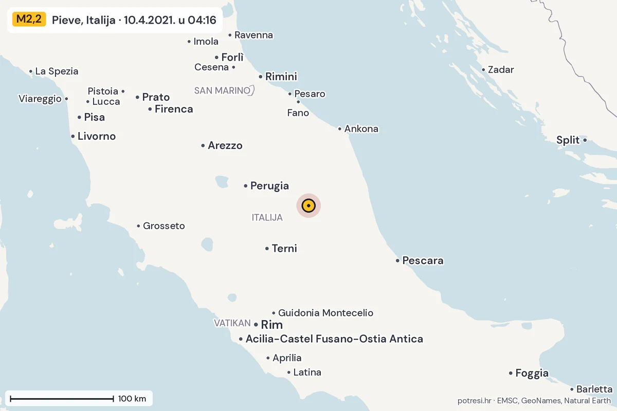 Karta: šire područje, 600 km, potres M2,2, Pieve, Italija, 10.4.2021.