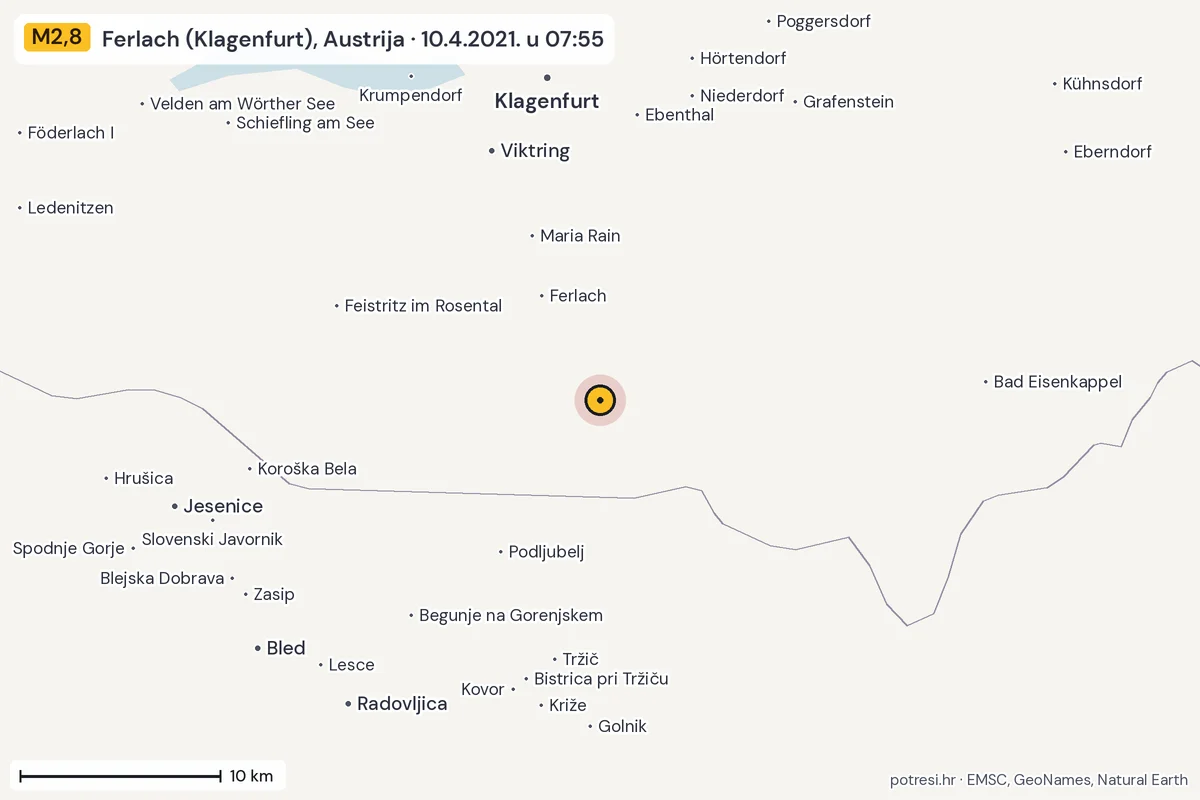 Karta: okolica epicentra, 60 km, potres M2,8, Ferlach (Klagenfurt), Austrija, 10.4.2021.
