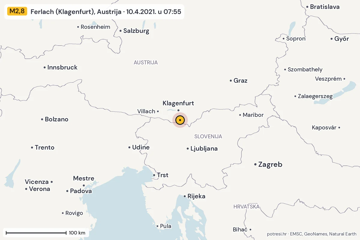 Karta: šire područje, 600 km, potres M2,8, Ferlach (Klagenfurt), Austrija, 10.4.2021.