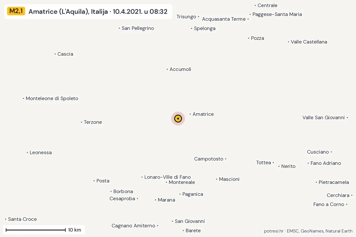Karta: okolica epicentra, 60 km, potres M2,1, Amatrice (L'Aquila), Italija, 10.4.2021.