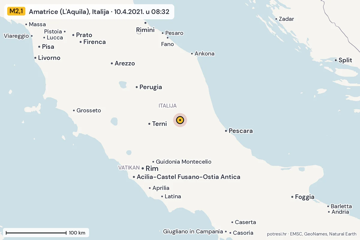 Karta: šire područje, 600 km, potres M2,1, Amatrice (L'Aquila), Italija, 10.4.2021.
