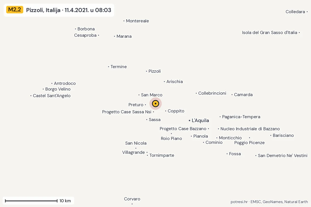 Karta: okolica epicentra, 60 km, potres M2,2, Pizzoli, Italija, 11.4.2021.