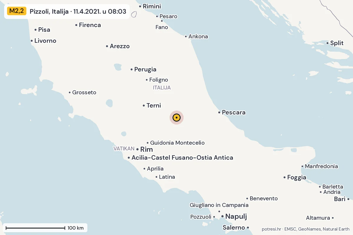 Karta: šire područje, 600 km, potres M2,2, Pizzoli, Italija, 11.4.2021.