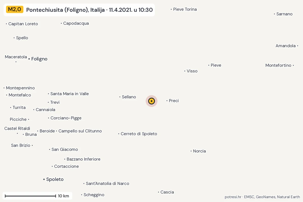 Karta: okolica epicentra, 60 km, potres M2,0, Pontechiusita (Foligno), Italija, 11.4.2021.
