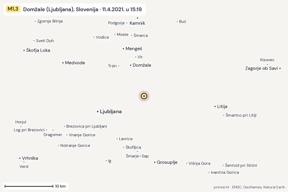 Karta: okolica epicentra, 60 km, potres M1,3, Domžale (Ljubljana), Slovenija, 11.4.2021.