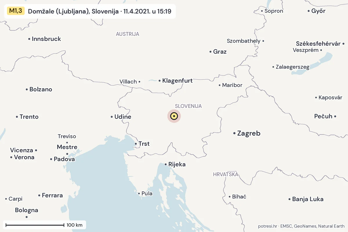 Karta: šire područje, 600 km, potres M1,3, Domžale (Ljubljana), Slovenija, 11.4.2021.