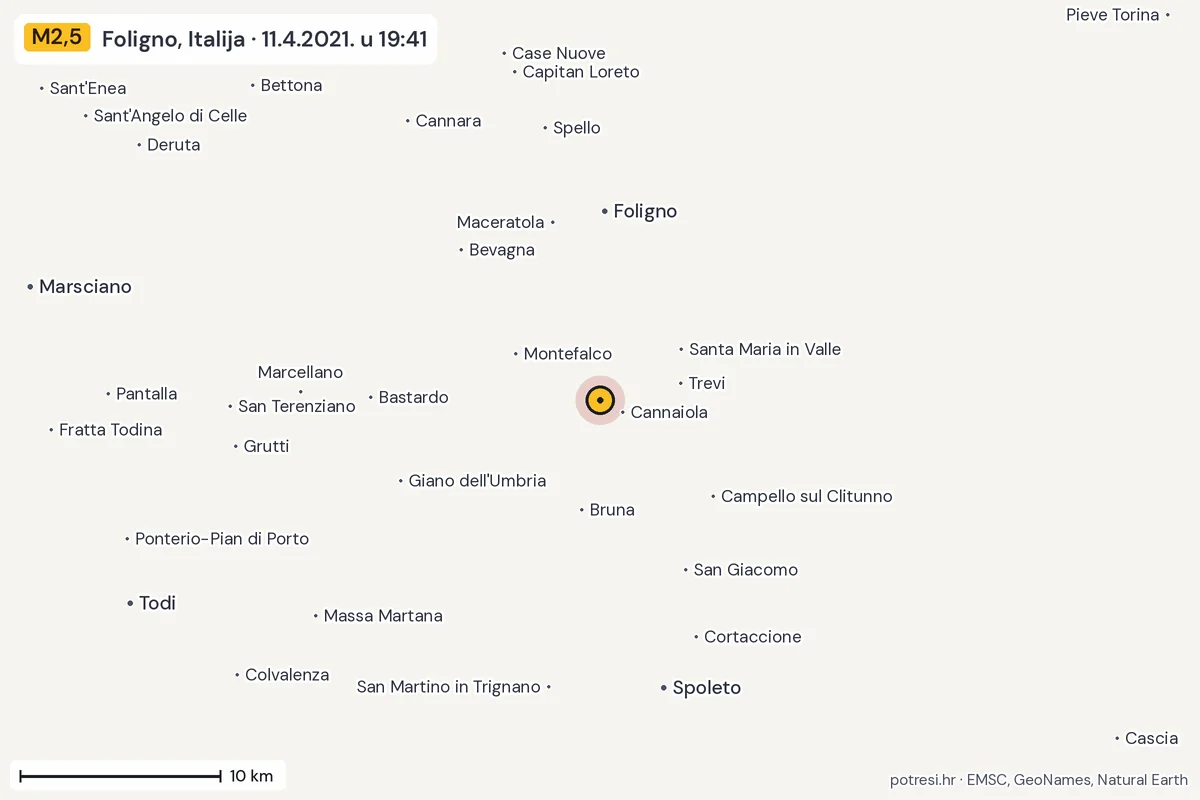 Karta: okolica epicentra, 60 km, potres M2,5, Foligno, Italija, 11.4.2021.