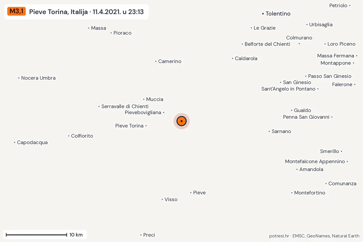 Karta: okolica epicentra, 60 km, potres M3,1, Pieve Torina, Italija, 11.4.2021.