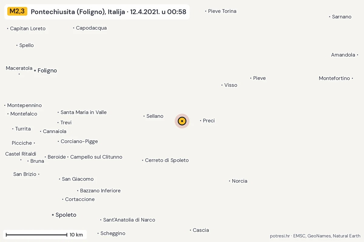 Karta: okolica epicentra, 60 km, potres M2,3, Pontechiusita (Foligno), Italija, 12.4.2021.