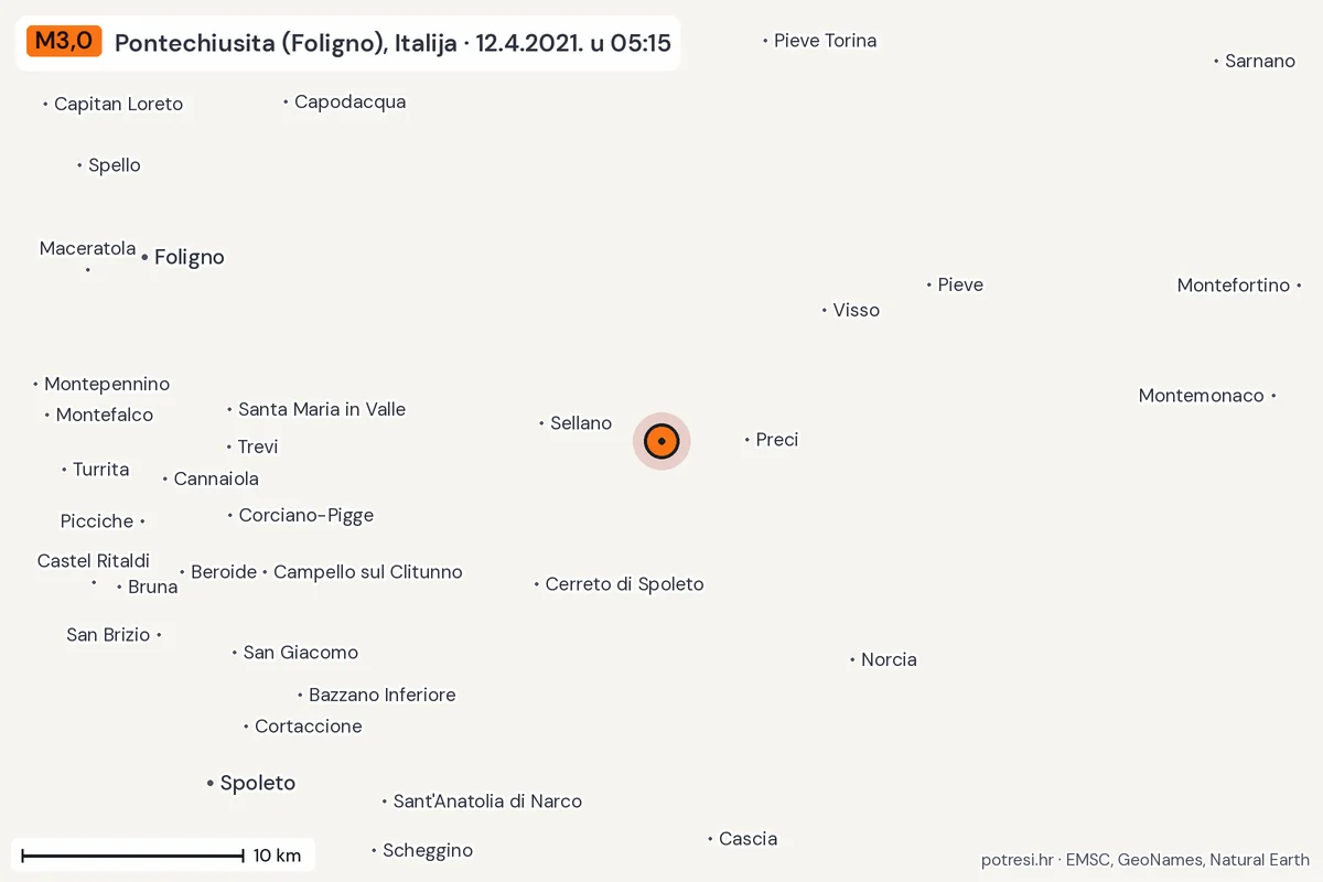 Karta: okolica epicentra, 60 km, potres M3,0, Pontechiusita (Foligno), Italija, 12.4.2021.