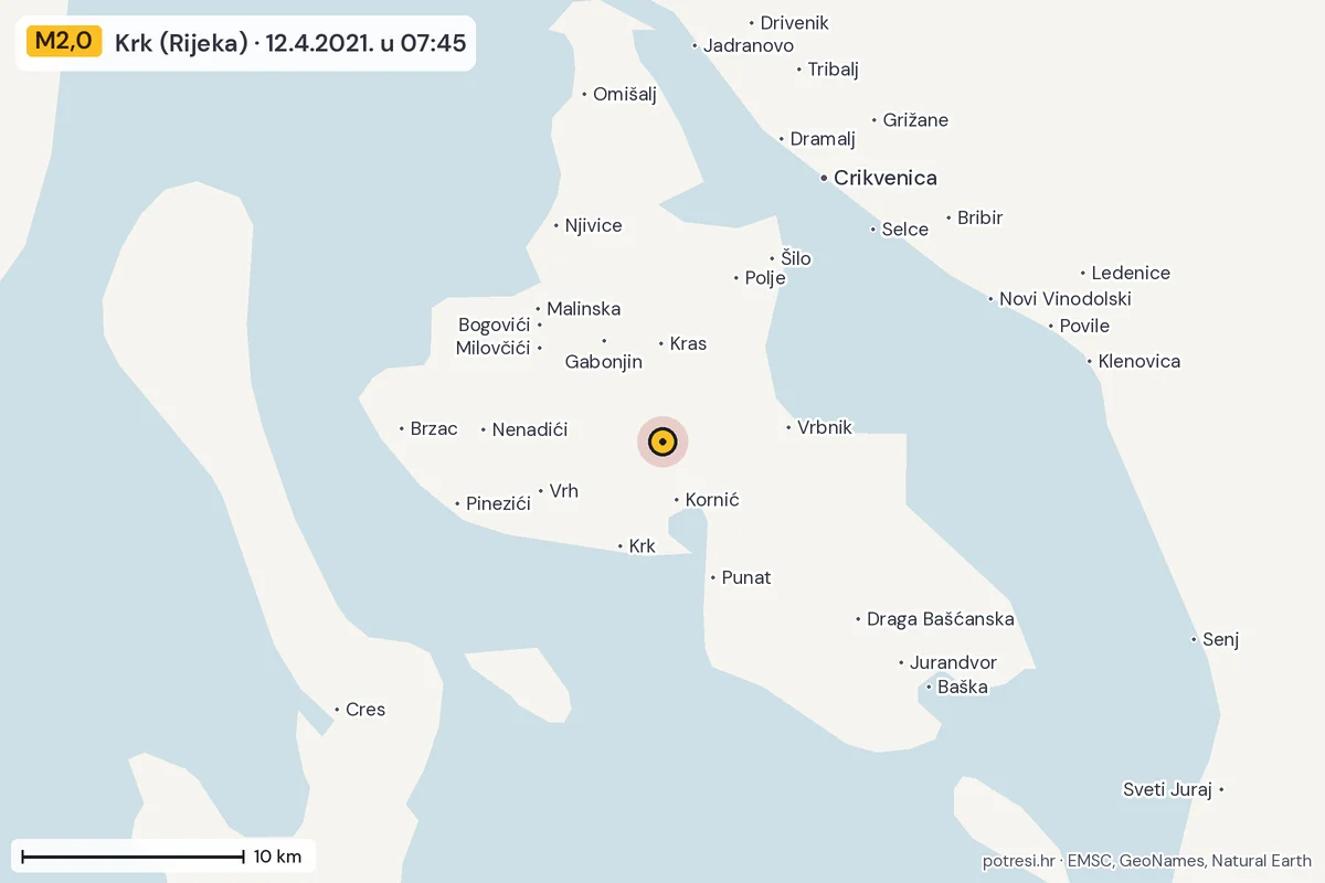Karta: okolica epicentra, 60 km, potres M2,0, Krk (Rijeka), 12.4.2021.