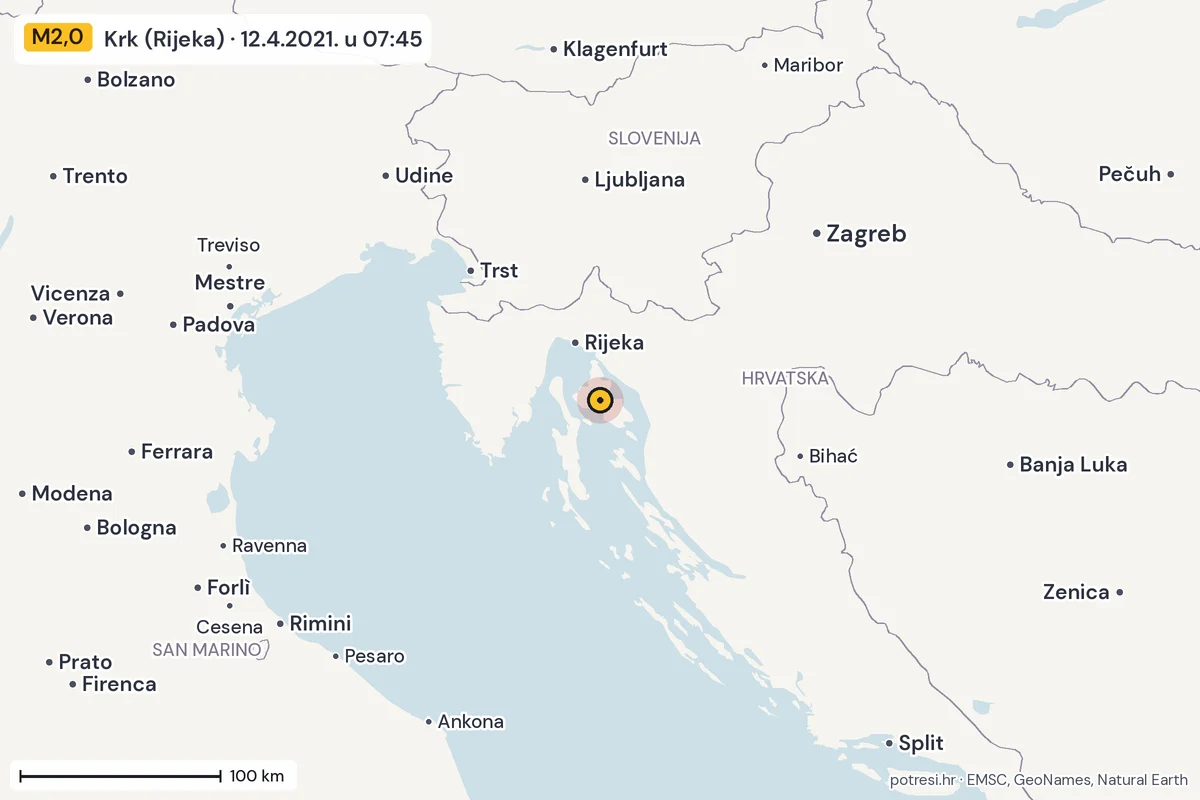 Karta: šire područje, 600 km, potres M2,0, Krk (Rijeka), 12.4.2021.