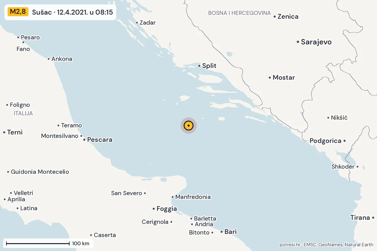 Karta: šire područje, 600 km, potres M2,8, Sušac, 12.4.2021.