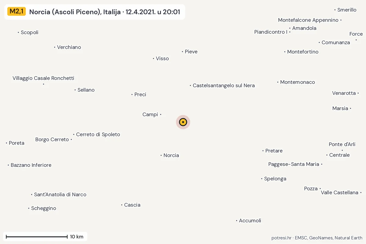 Karta: okolica epicentra, 60 km, potres M2,1, Norcia (Ascoli Piceno), Italija, 12.4.2021.