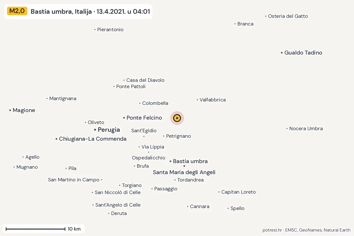 Karta: okolica epicentra, 60 km, potres M2,0, Bastia umbra, Italija, 13.4.2021.