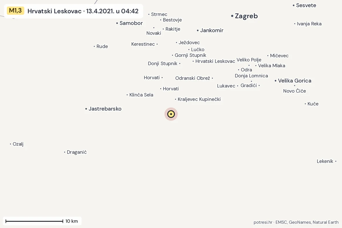 Karta: okolica epicentra, 60 km, potres M1,3, Hrvatski Leskovac, 13.4.2021.