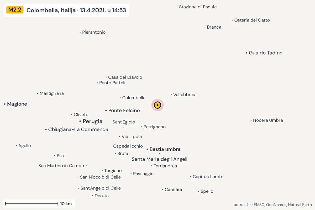 Karta: okolica epicentra, 60 km, potres M2,2, Colombella, Italija, 13.4.2021.