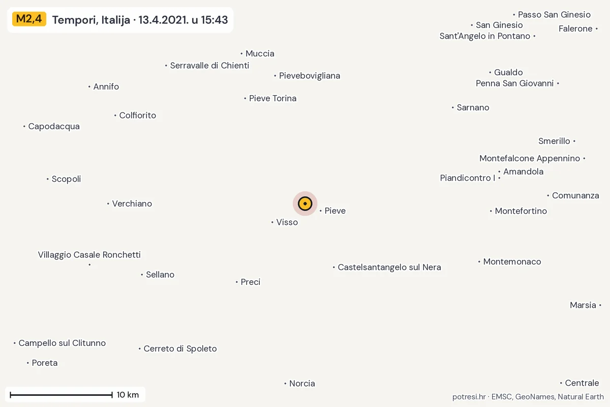 Karta: okolica epicentra, 60 km, potres M2,4, Tempori, Italija, 13.4.2021.