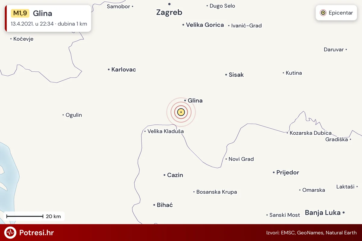 Karta: šire područje i vjerojatni doseg osjeta, potres M1,9, Glina, 13.4.2021.