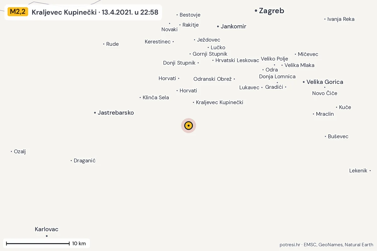 Karta: okolica epicentra, 60 km, potres M2,2, Kraljevec Kupinečki, 13.4.2021.