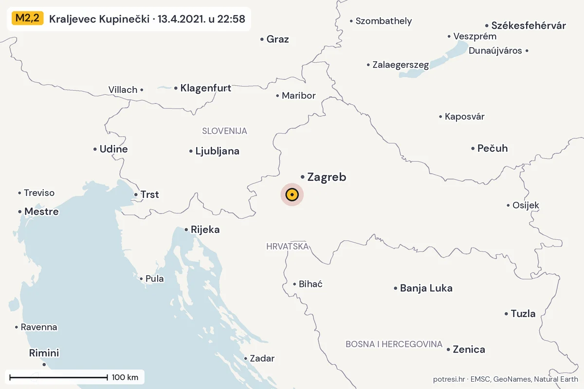Karta: šire područje, 600 km, potres M2,2, Kraljevec Kupinečki, 13.4.2021.