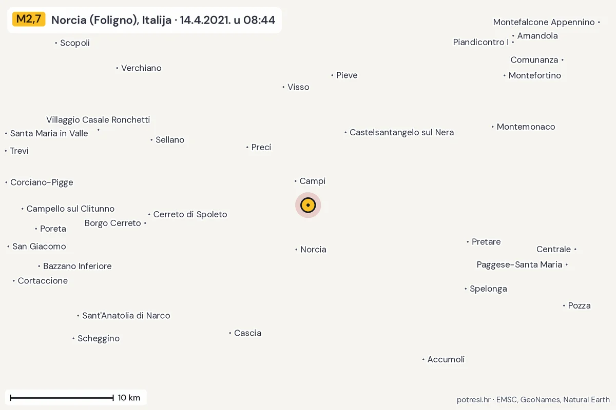 Karta: okolica epicentra, 60 km, potres M2,7, Norcia (Foligno), Italija, 14.4.2021.