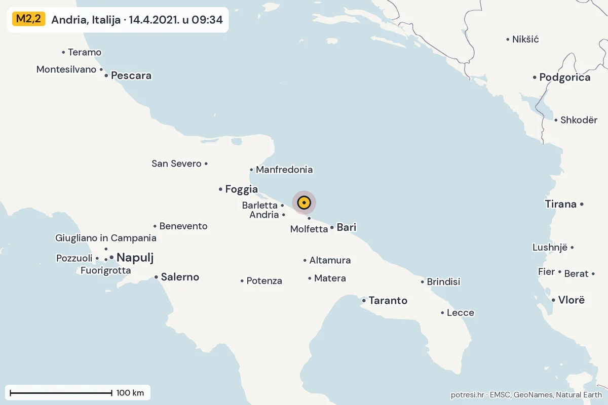 Karta: šire područje, 600 km, potres M2,2, Andria, Italija, 14.4.2021.