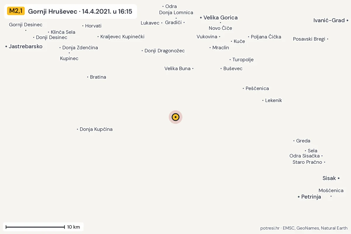 Karta: okolica epicentra, 60 km, potres M2,1, Gornji Hruševec, 14.4.2021.