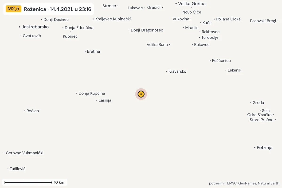 Karta: okolica epicentra, 60 km, potres M2,5, Roženica, 14.4.2021.