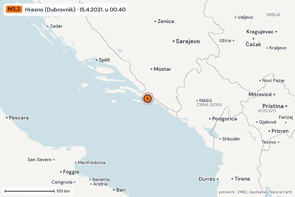 Karta: šire područje, 600 km, potres M3,2, Hrasno (Dubrovnik), 15.4.2021.