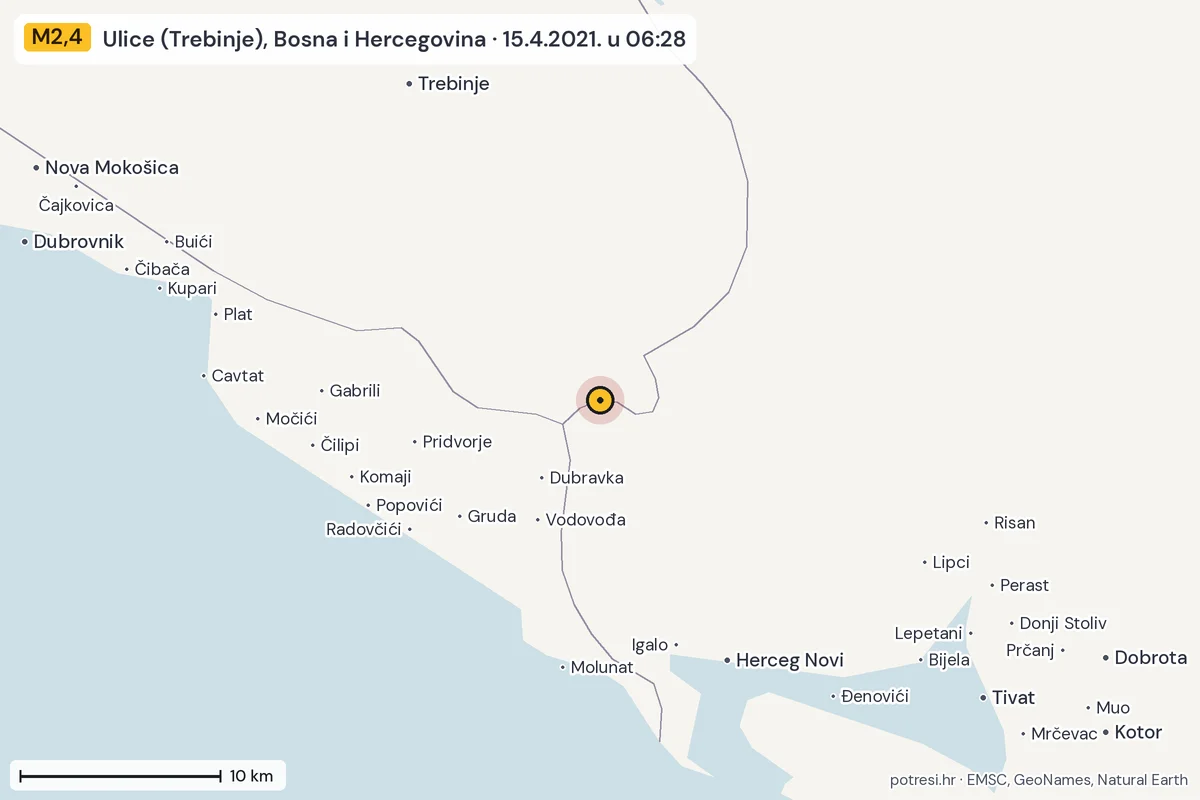 Karta: okolica epicentra, 60 km, potres M2,4, Ulice (Trebinje), Bosna i Hercegovina, 15.4.2021.