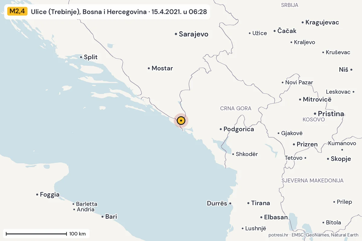 Karta: šire područje, 600 km, potres M2,4, Ulice (Trebinje), Bosna i Hercegovina, 15.4.2021.