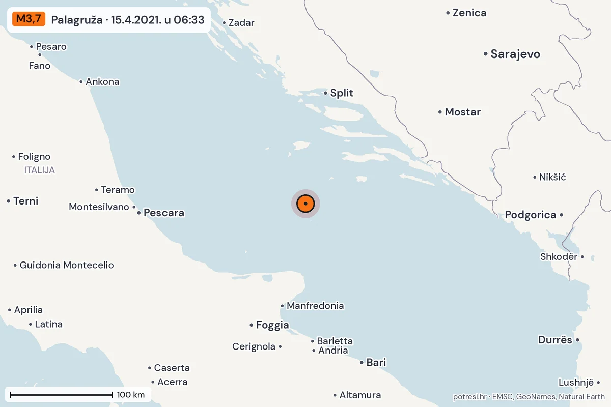 Karta: šire područje, 600 km, potres M3,7, Palagruža, 15.4.2021.