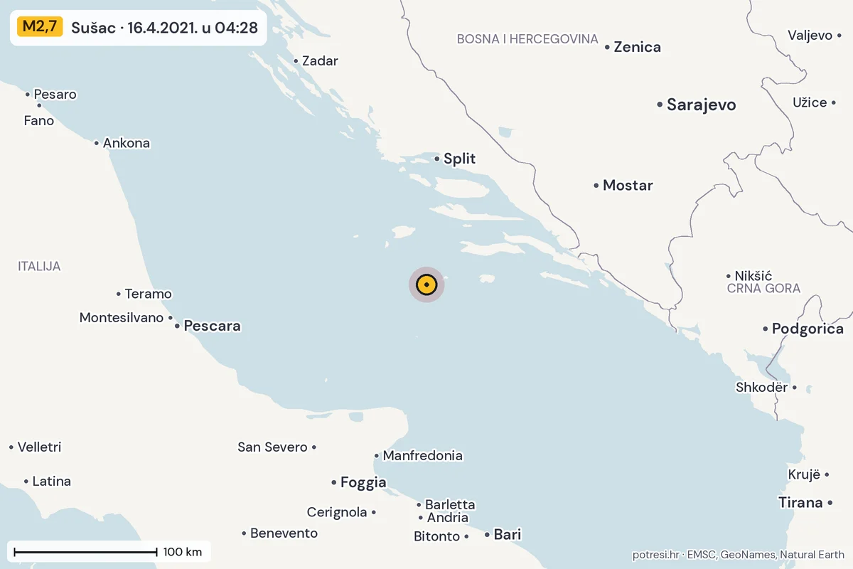 Karta: šire područje, 600 km, potres M2,7, Sušac, 16.4.2021.