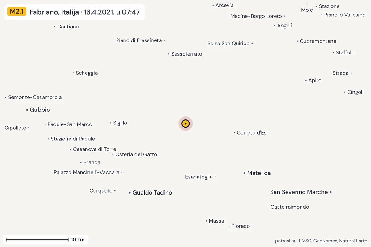 Karta: okolica epicentra, 60 km, potres M2,1, Fabriano, Italija, 16.4.2021.