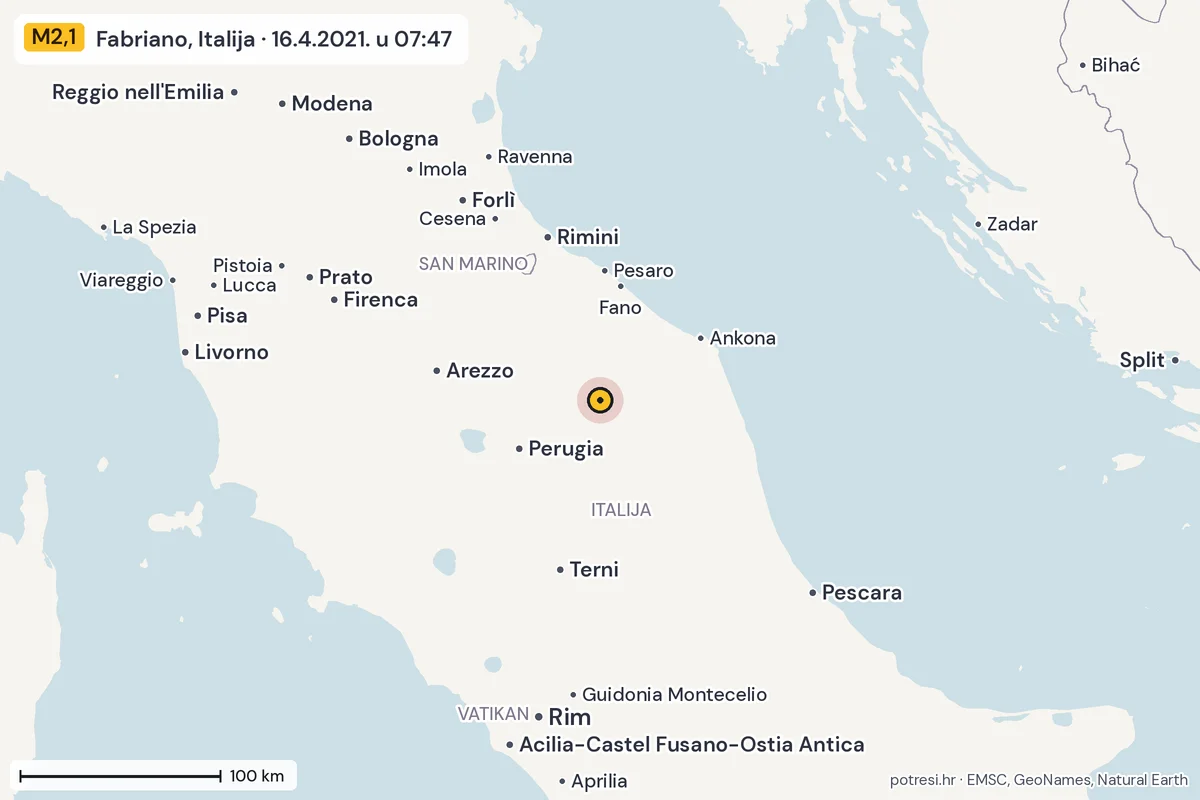 Karta: šire područje, 600 km, potres M2,1, Fabriano, Italija, 16.4.2021.