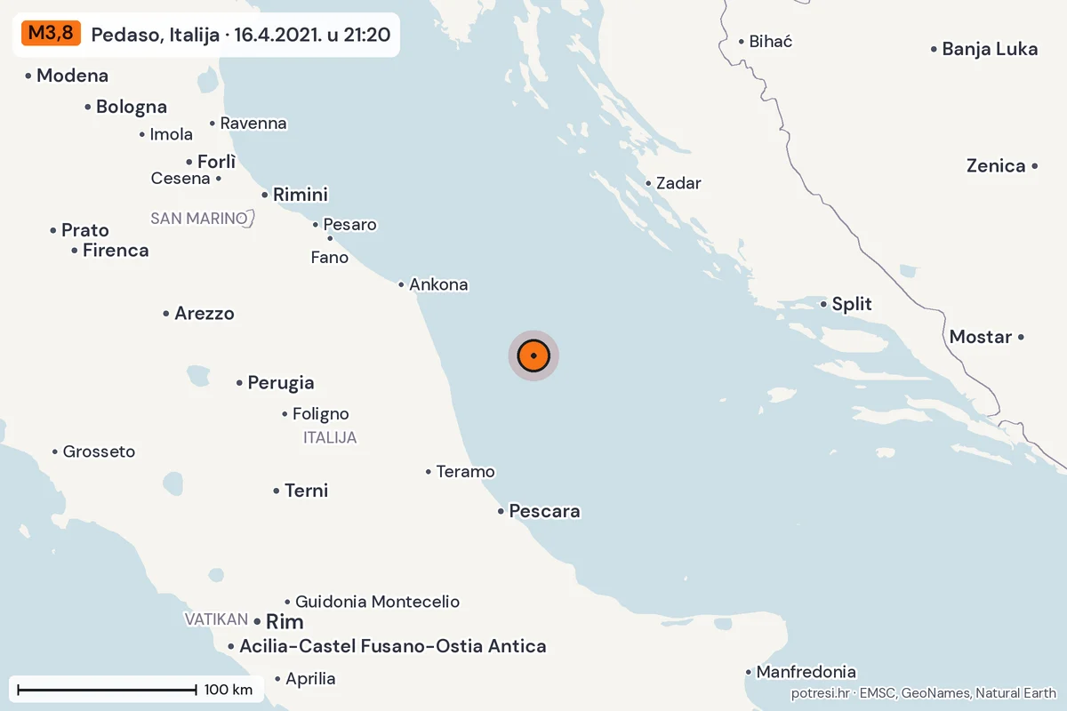 Karta: šire područje, 600 km, potres M3,8, Pedaso, Italija, 16.4.2021.