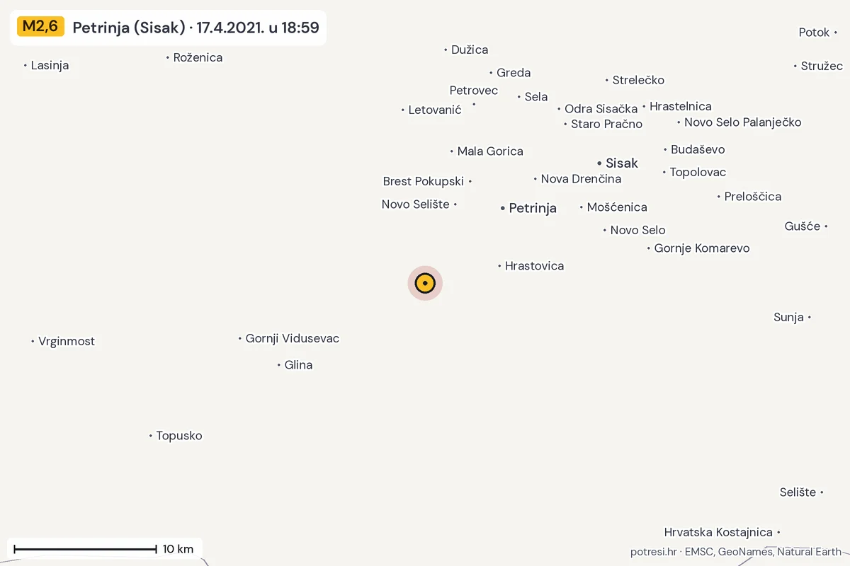 Karta: okolica epicentra, 60 km, potres M2,6, Petrinja (Sisak), 17.4.2021.