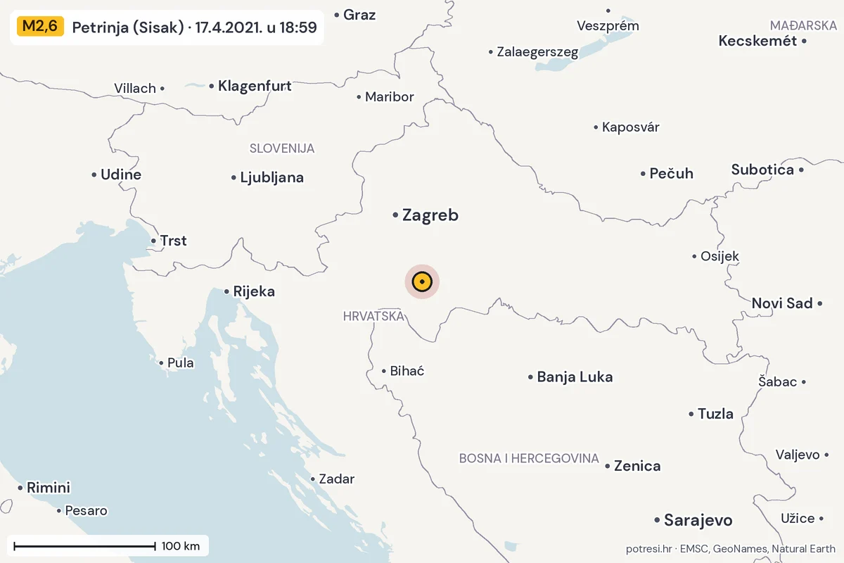 Karta: šire područje, 600 km, potres M2,6, Petrinja (Sisak), 17.4.2021.