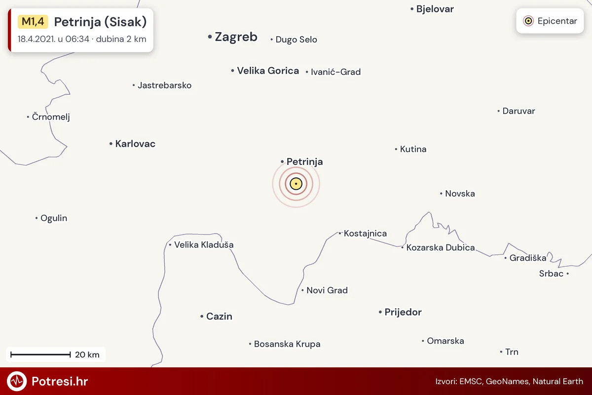 Karta: šire područje i vjerojatni doseg osjeta, potres M1,4, Petrinja (Sisak), 18.4.2021.
