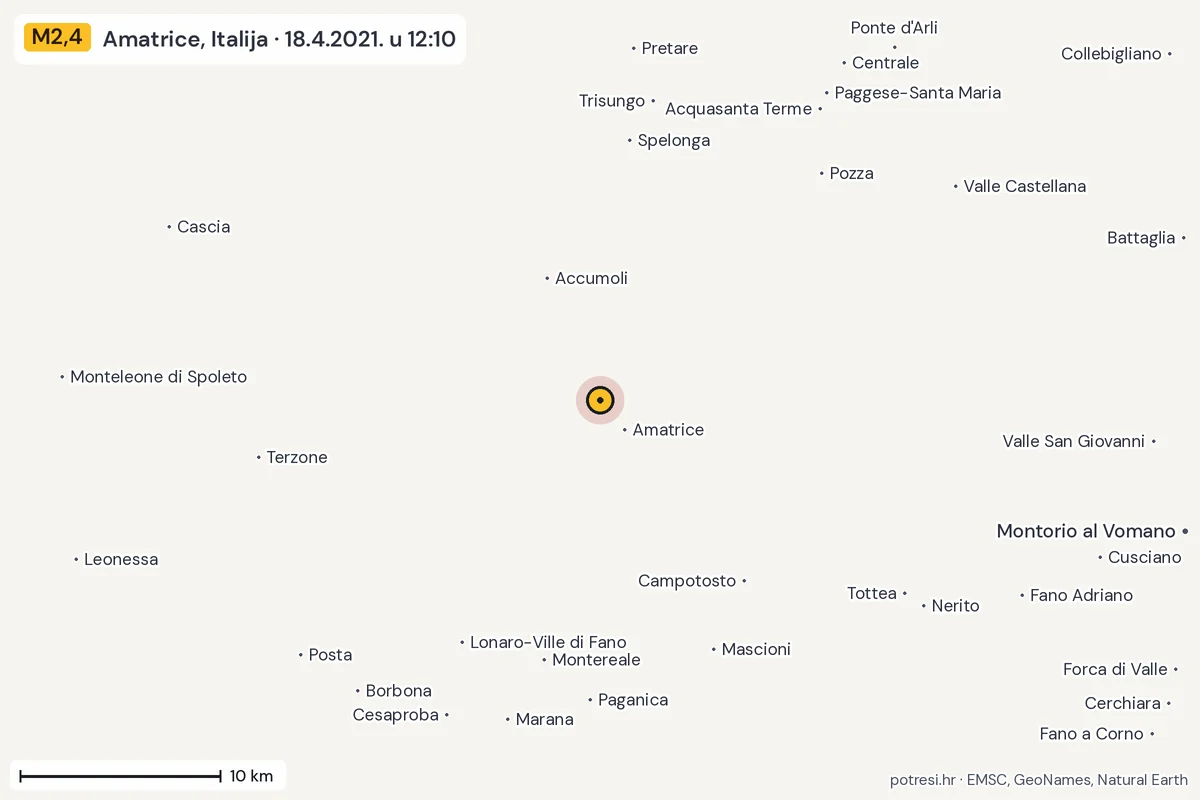Karta: okolica epicentra, 60 km, potres M2,4, Amatrice, Italija, 18.4.2021.