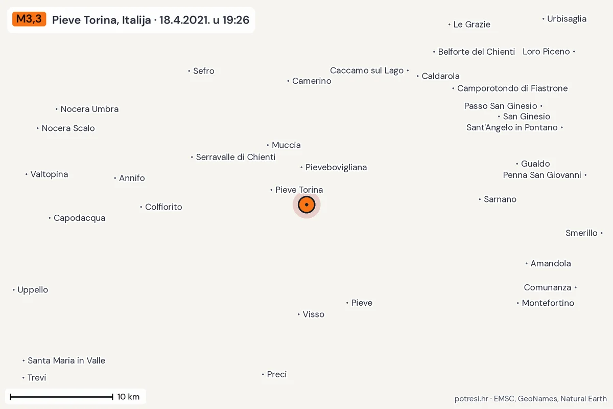 Karta: okolica epicentra, 60 km, potres M3,3, Pieve Torina, Italija, 18.4.2021.