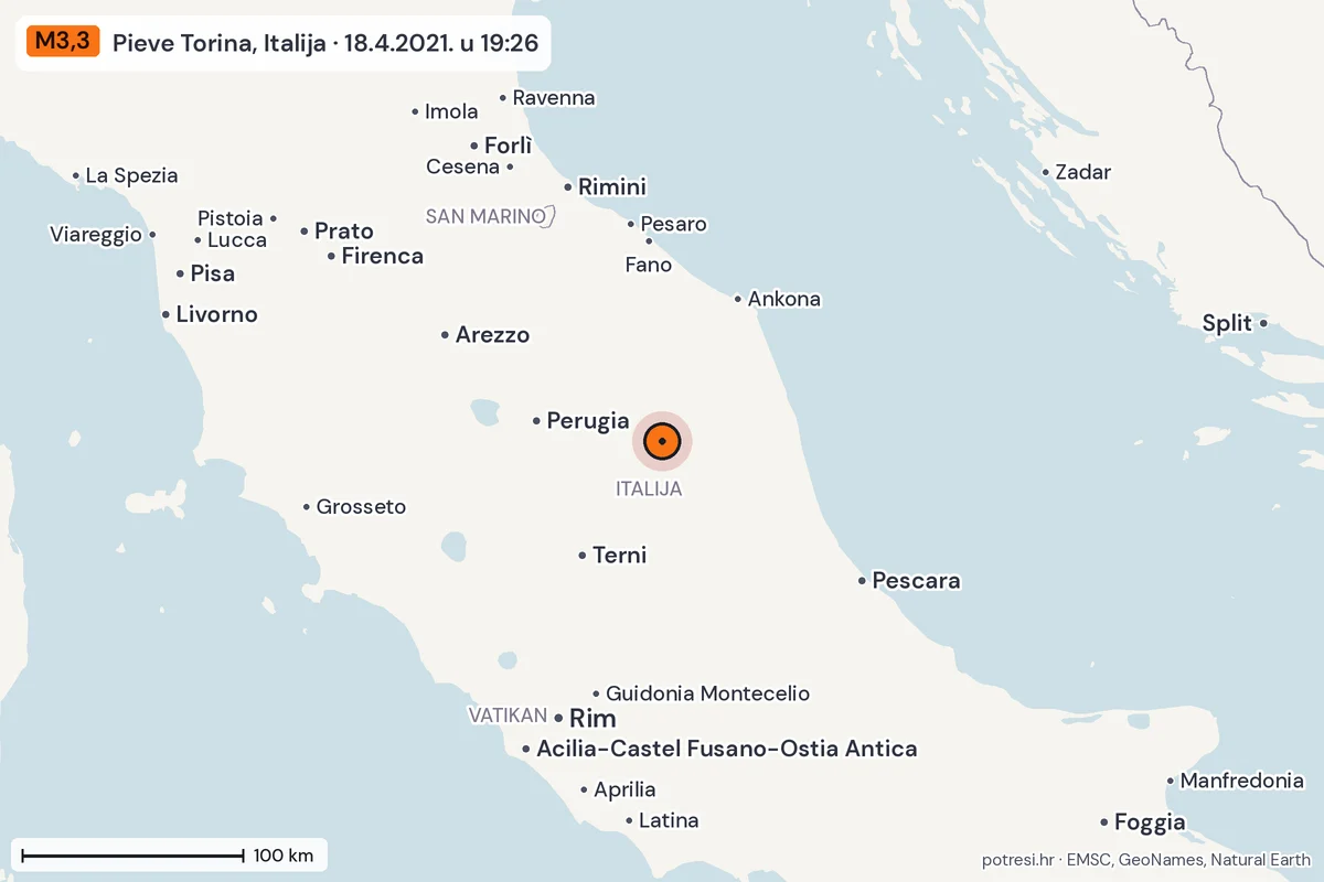 Karta: šire područje, 600 km, potres M3,3, Pieve Torina, Italija, 18.4.2021.