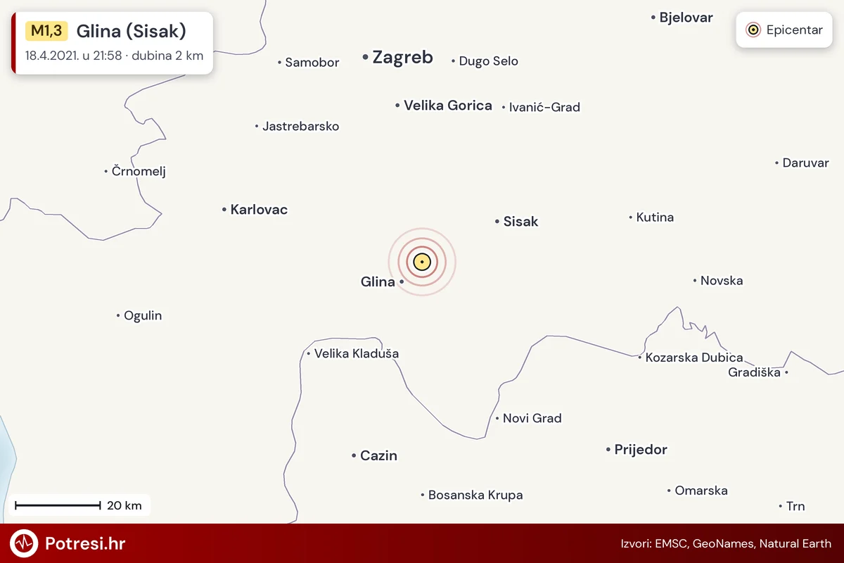 Karta: šire područje i vjerojatni doseg osjeta, potres M1,3, Glina (Sisak), 18.4.2021.
