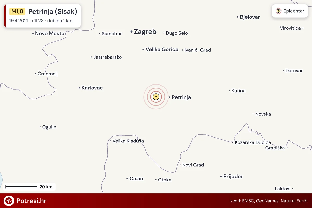Karta: šire područje i vjerojatni doseg osjeta, potres M1,8, Petrinja (Sisak), 19.4.2021.