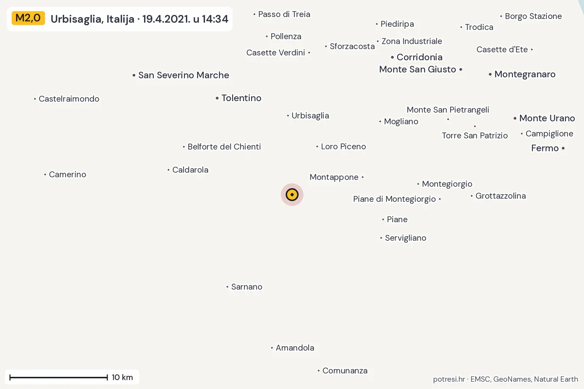 Karta: okolica epicentra, 60 km, potres M2,0, Urbisaglia, Italija, 19.4.2021.